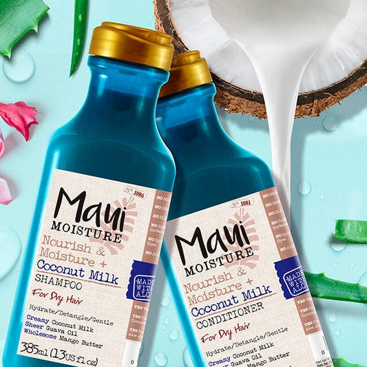 Duo Maui Moisture Coconut Milk / Maui Moisture Nourish & Moisture + Champú de leche de coco + acondicionador para hidratar y desenredar el cabello rizado, champú hidratante diario ligero, vegano, libre de silicona y parabenos, 13